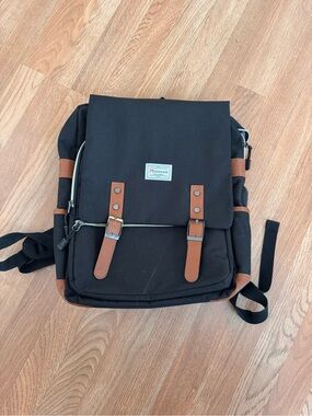 Unisex Black Canvas Backpack with Brown Trim by MCOOKER